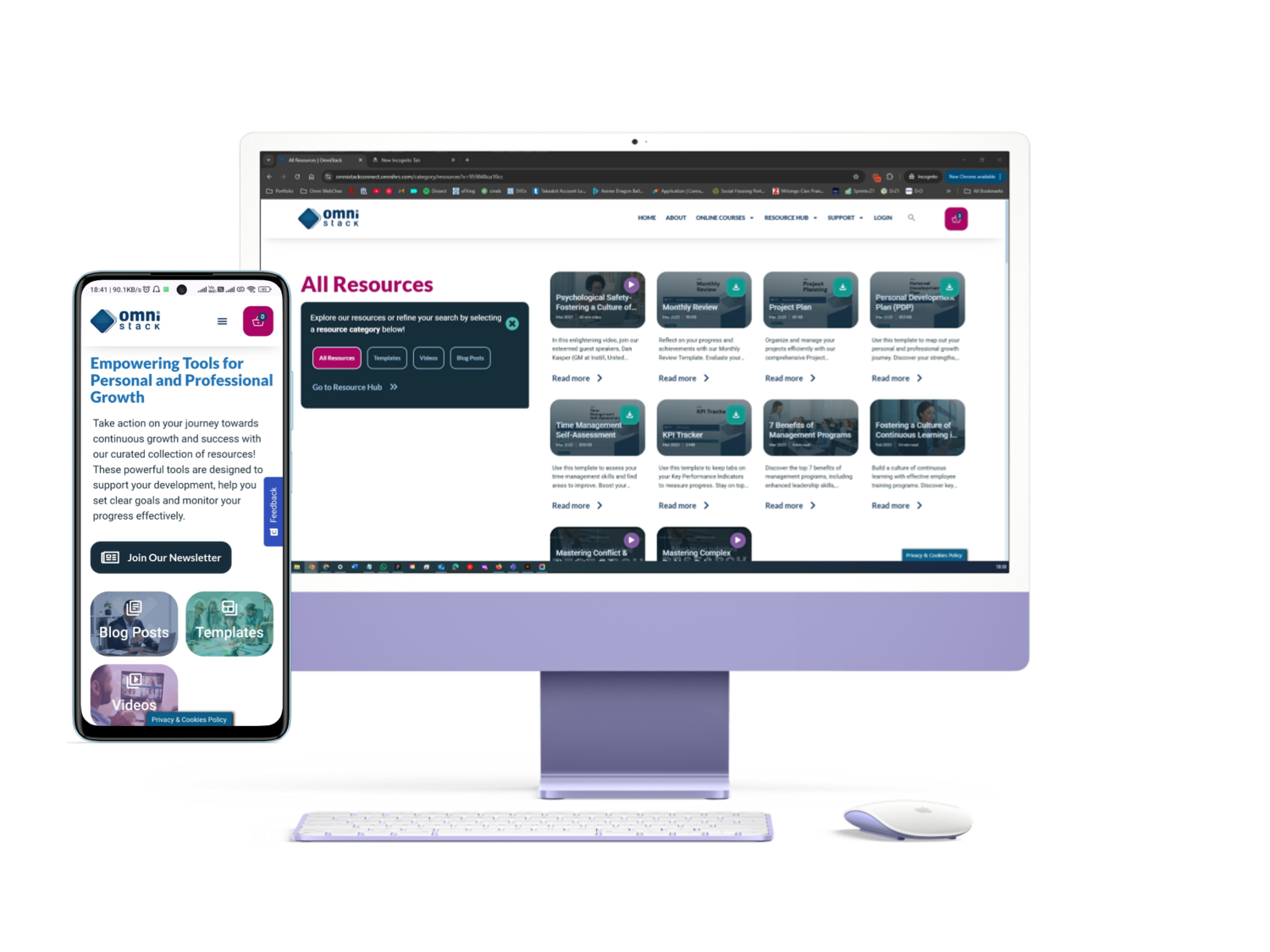 Desktop screen showing OmniStack Connect's resource archive next to a smartphone screen showing the resource hub page on the same website.