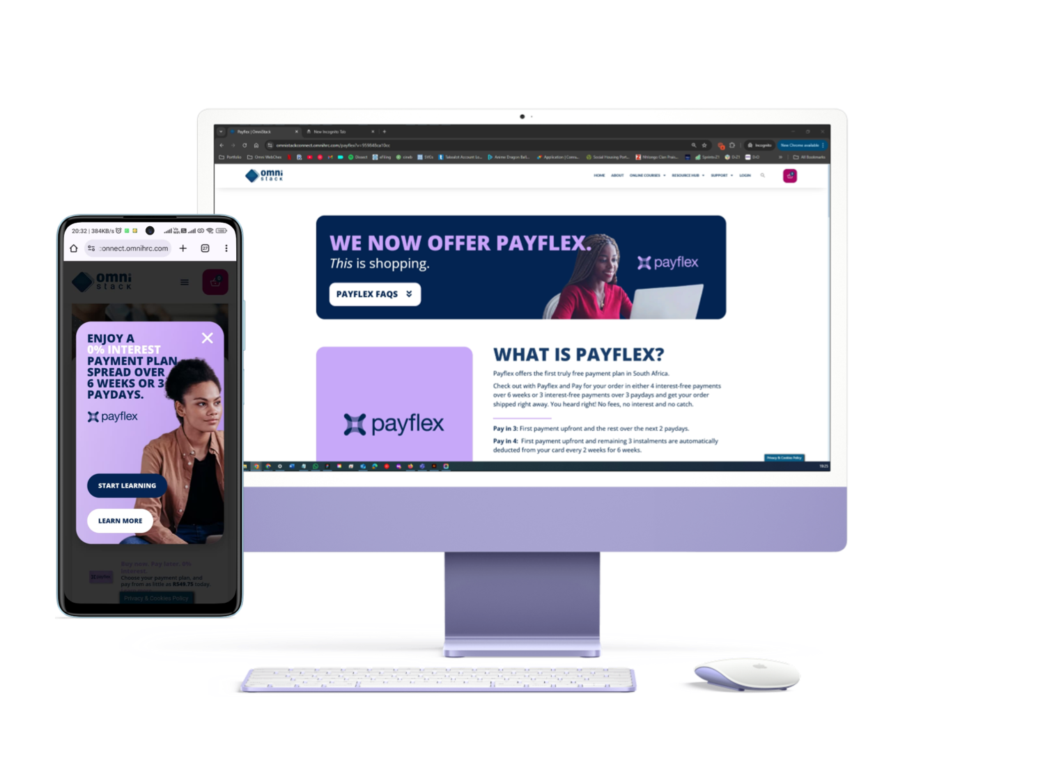 A desktop and a smartphone showing the OmniStack Connect Payflex info page and Payflex popup.