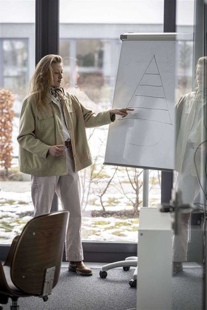 Theresa Rahm erklärt am Flipchart die nächsten Schritte