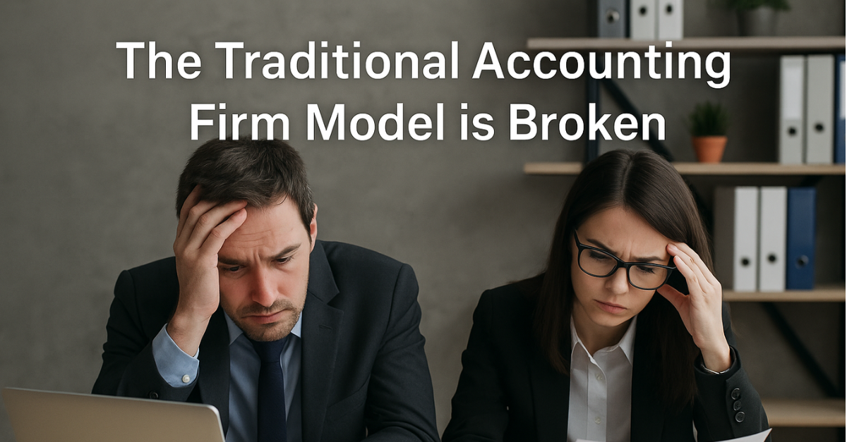 wo exhausted accountants sitting at a desk in a modern office, reviewing paperwork and a laptop with stressed expressions, illustrating burnout and the need for a better business model.