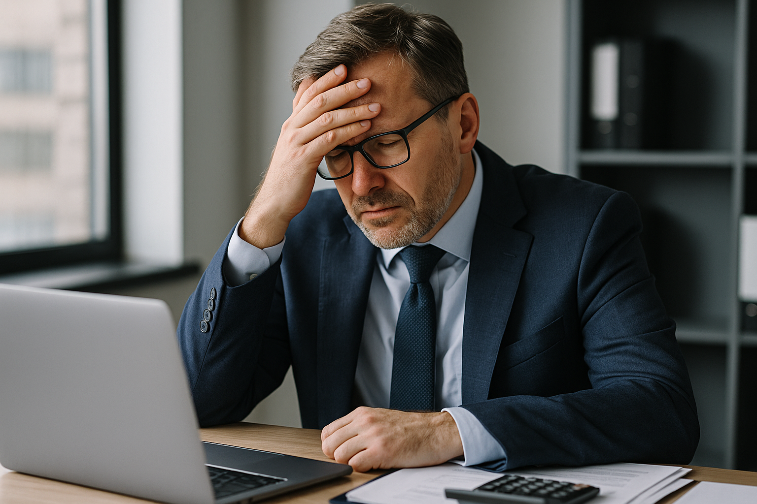 A frustrated accountant in an office looking at his laptop during tax season, symbolizing the stress of underpricing work.