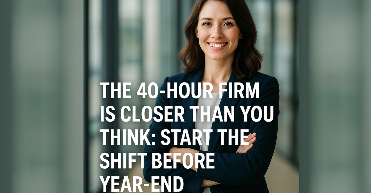 Smiling business professional promoting strategies for accounting firms to achieve a 40-hour workweek before year-end.