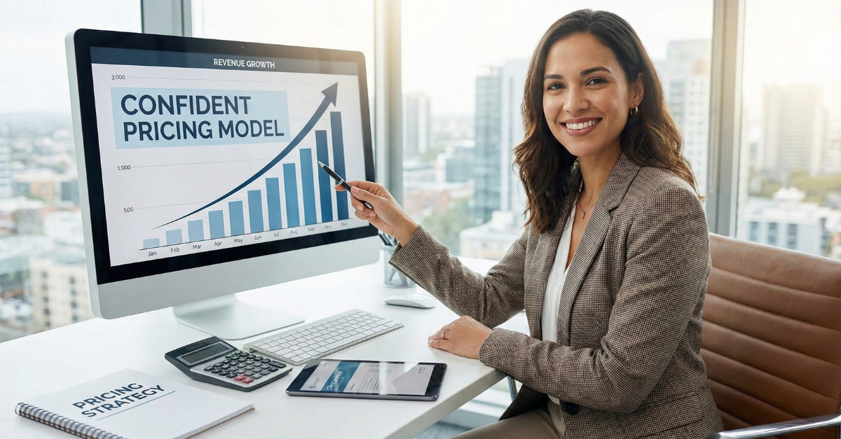 Confident female accountant pointing to a revenue growth graph labeled 'Confident Pricing Model' on a computer screen.