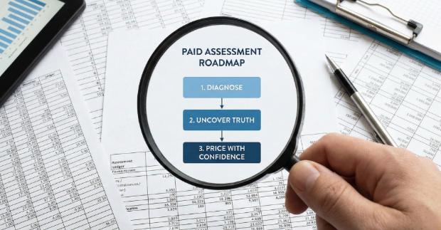 Magnifying glass over financial documents, highlighting a 'Paid Assessment Roadmap' with steps: Diagnose, Uncover Truth, Price with Confidence.