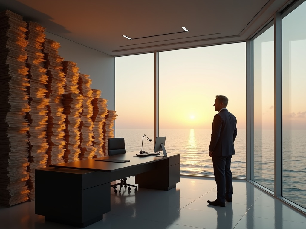 Accounting firm partner in modern office with stacks of documents, planning firm growth