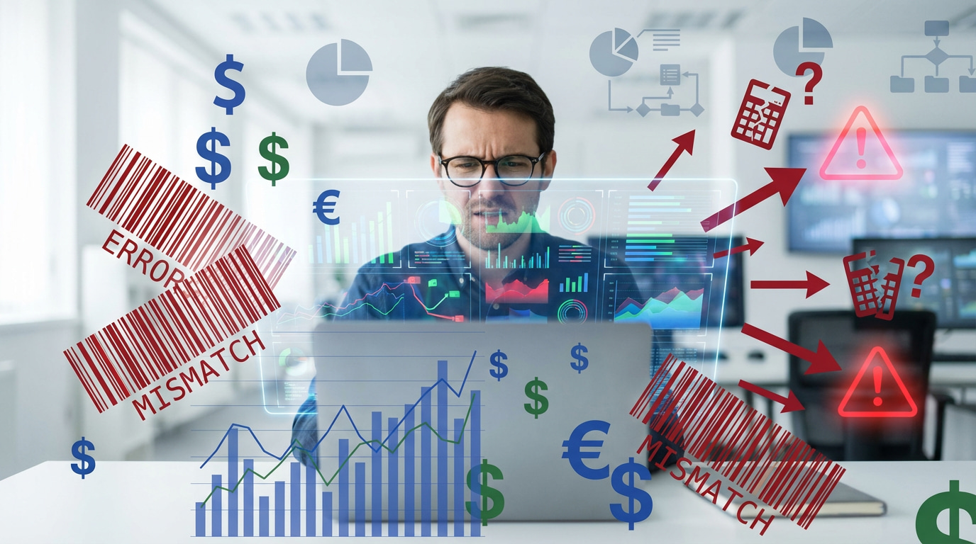 Stressed accountant analyzing charts, graphs, and financial errors with warning icons and currency symbols