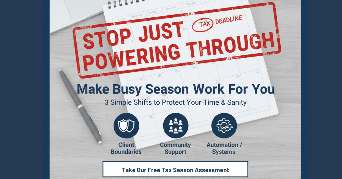 Promotional graphic for a Tax Season Assessment focused on boundaries, community, and automation.