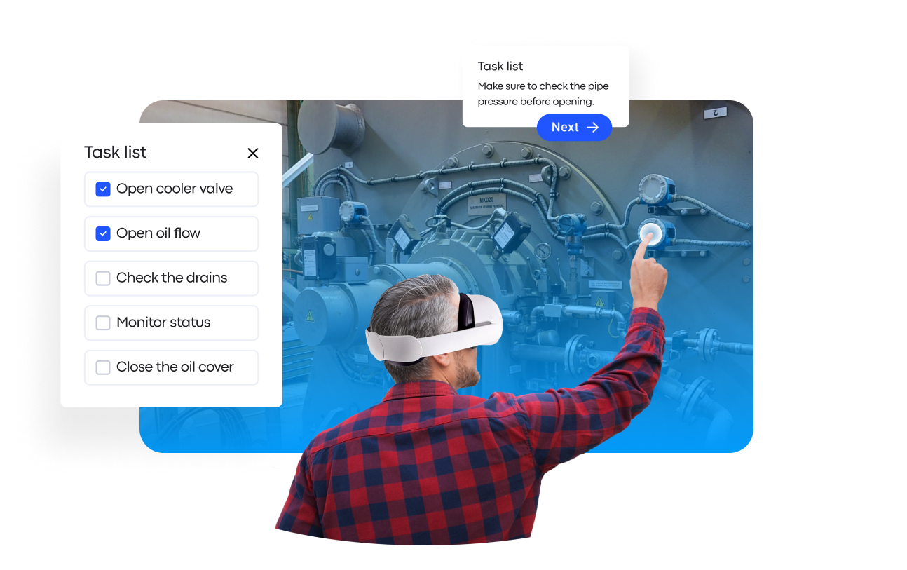 A frontline worker wearing augmented reality glasses while inspecting machinery, demonstrating the use of AR for real-time training and maintenance support