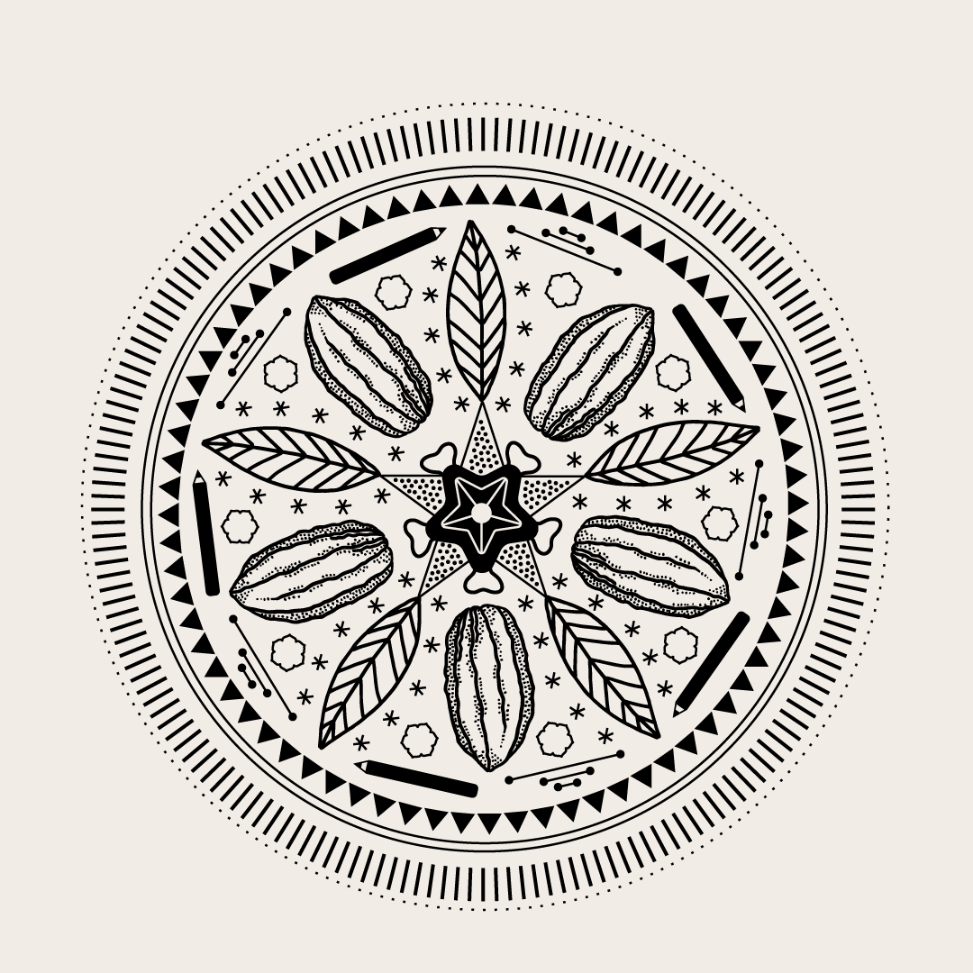 A mandala including cacao pods, leaves, and pencils