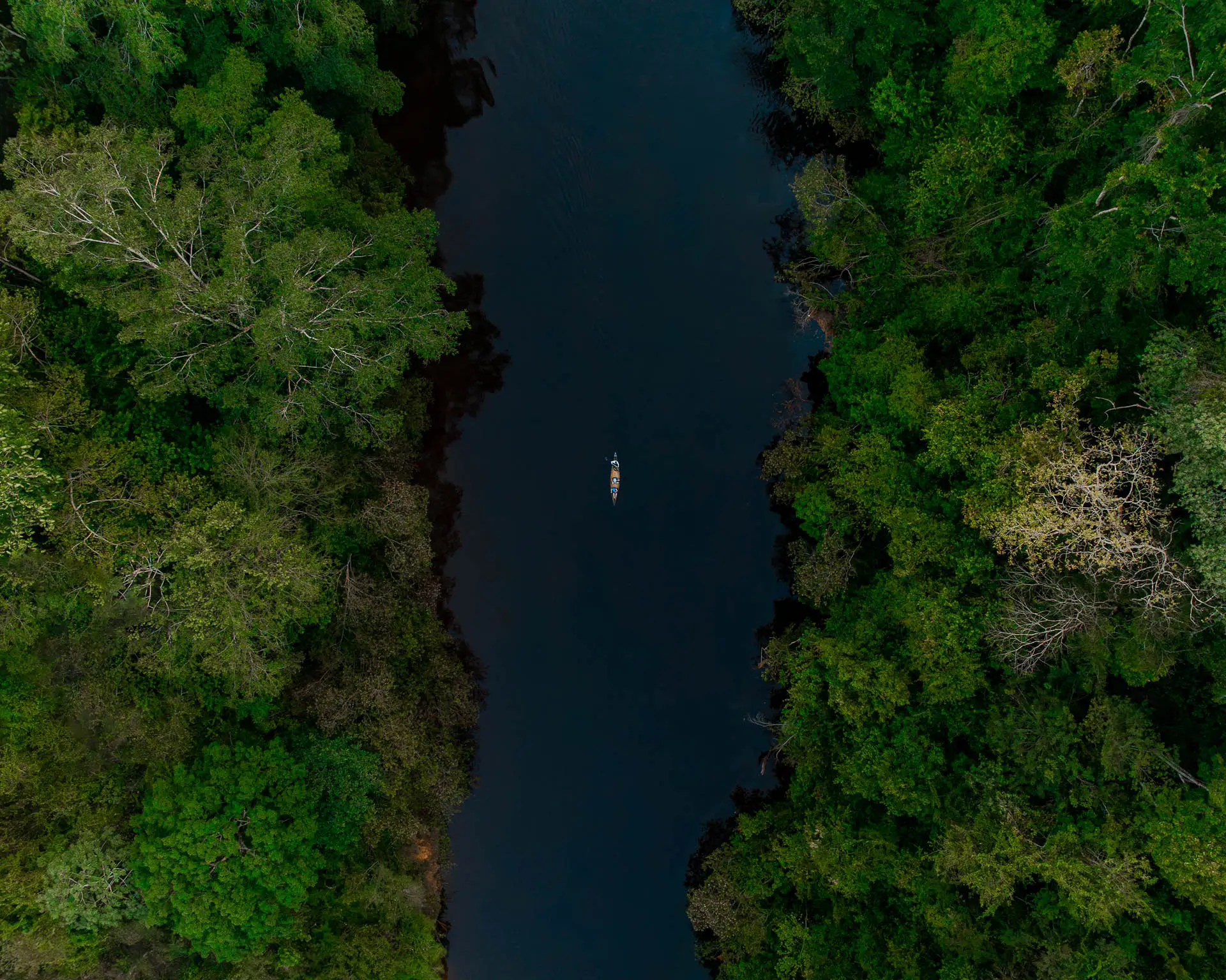 Aerial view of a canoe with two people paddling in a the Macal River surrounded by dense green jungle trees at Sweet Songs Jungle Lodge in Belize.