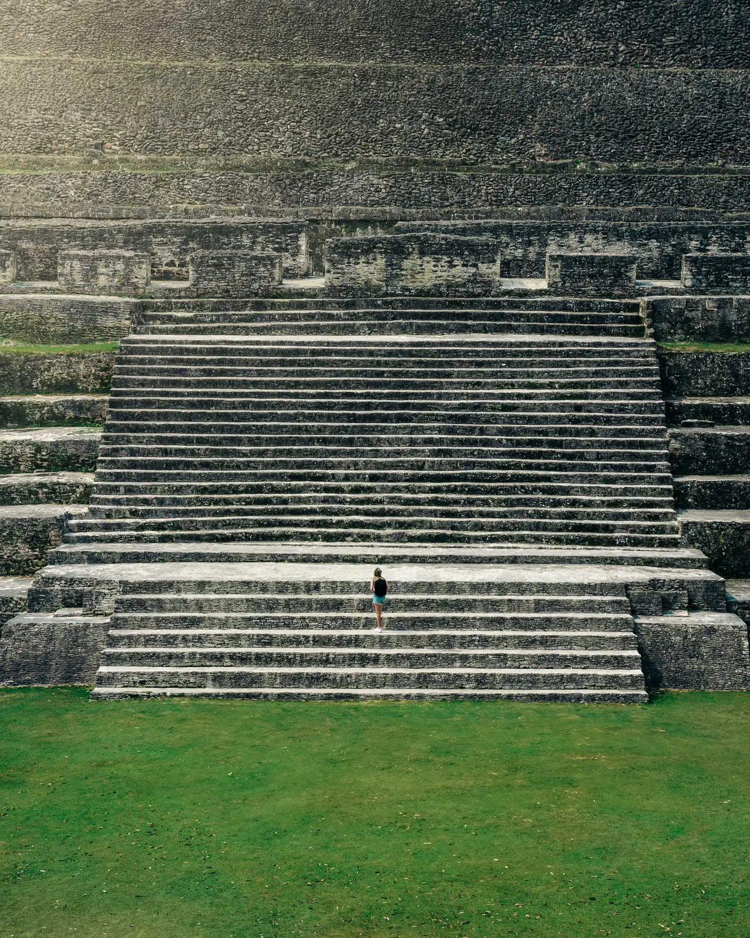 Close-up view of the stone steps at the Mayan ruin Xunantunich near Sweet Songs Jungle Lodge in Belize.