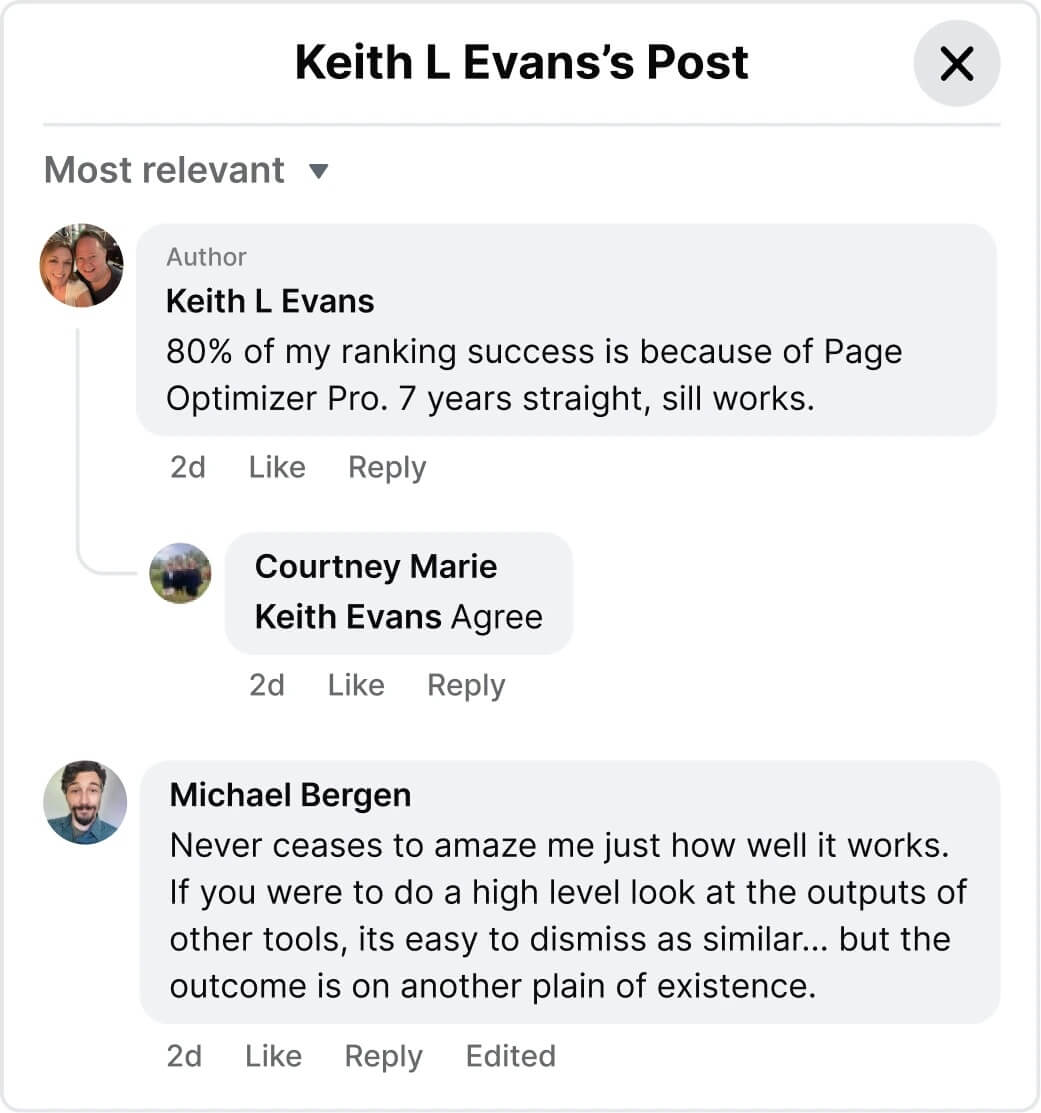 LinkedIn comments praising POP — 80% of my ranking success is because of POP