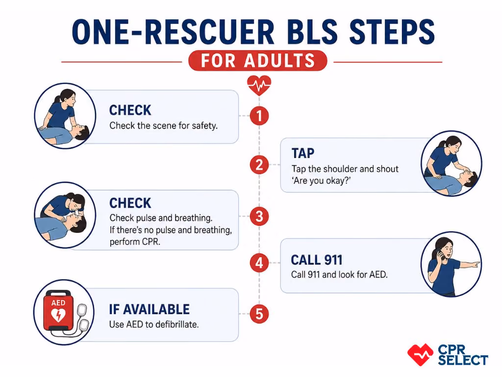 One-Rescuer BLS Steps for Adults