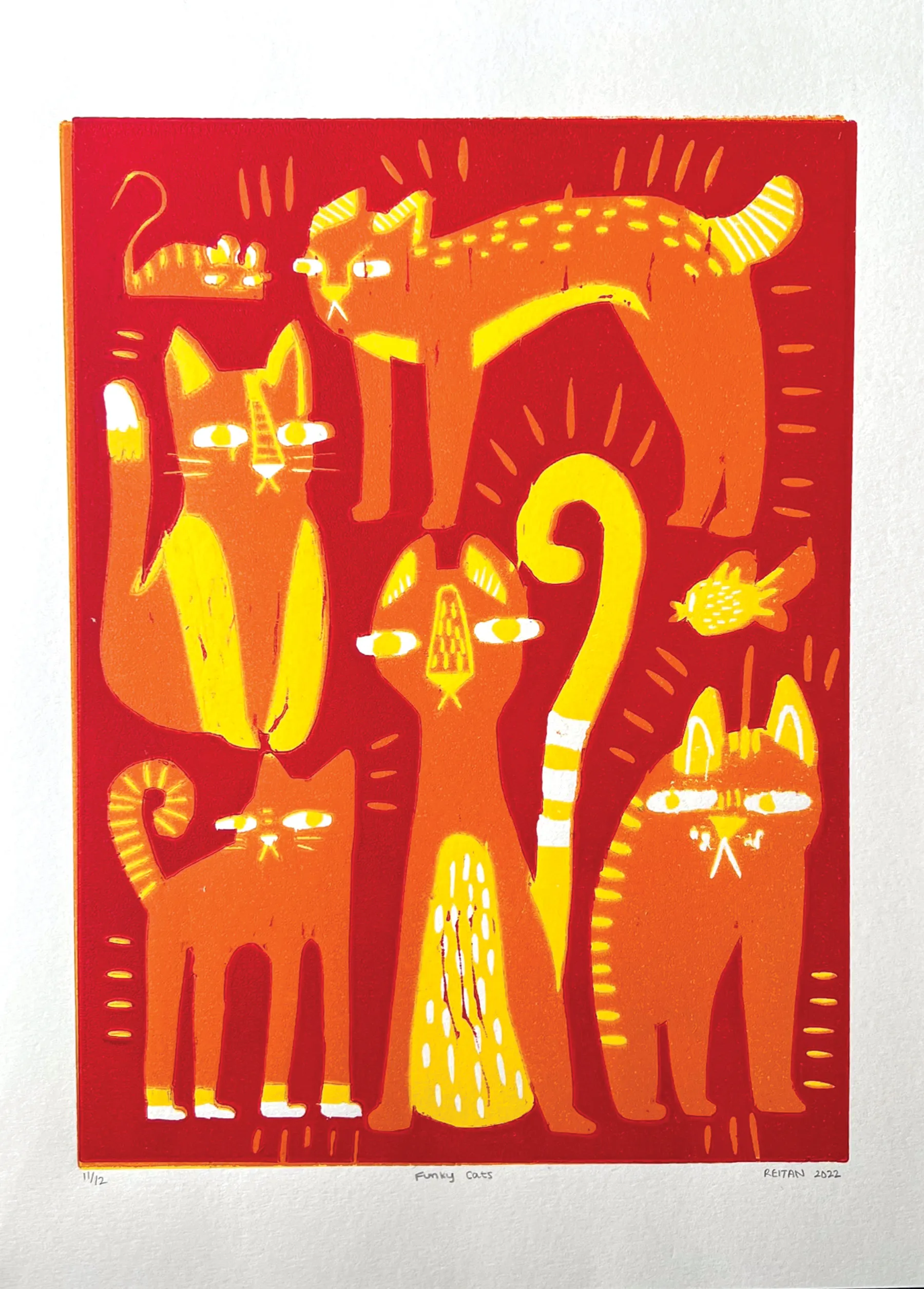 Colorful abstract illustration of five stylized orange and yellow cats with a bird on a red background.