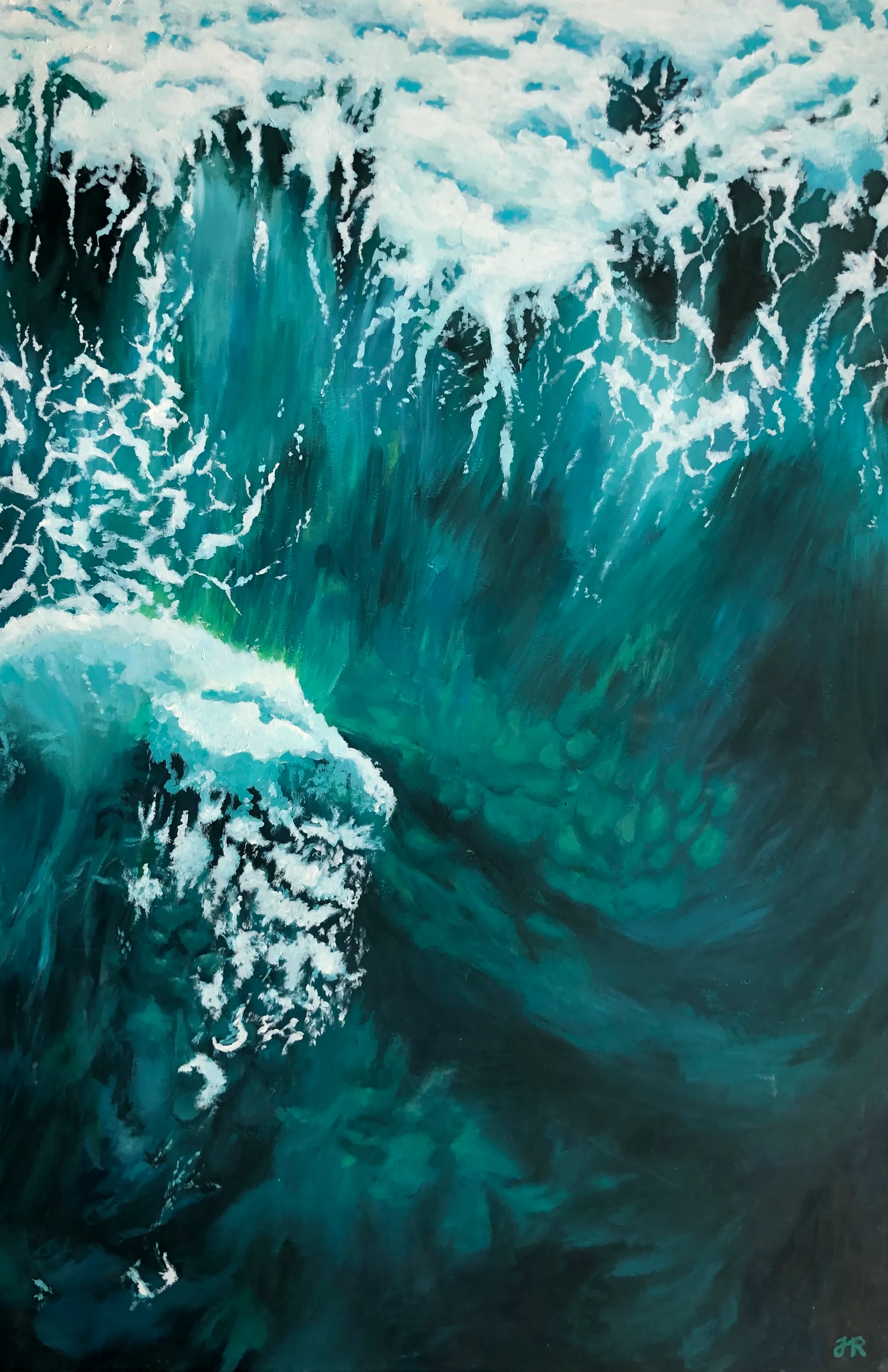 Abstract painting of turbulent ocean waves with white foam and deep blue-green water.