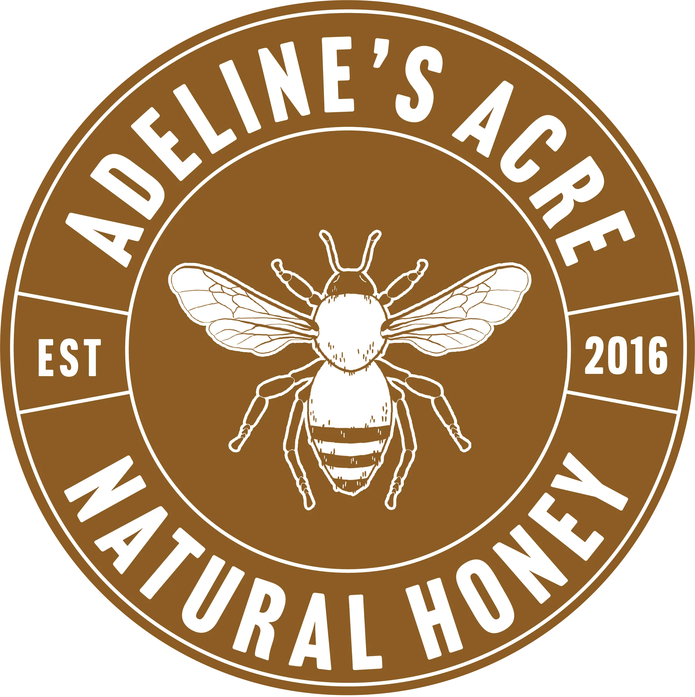 Circular brown logo with a detailed white bee illustration in the center and text reading 'Adeline's Acre Natural Honey EST 2016' around the edge.