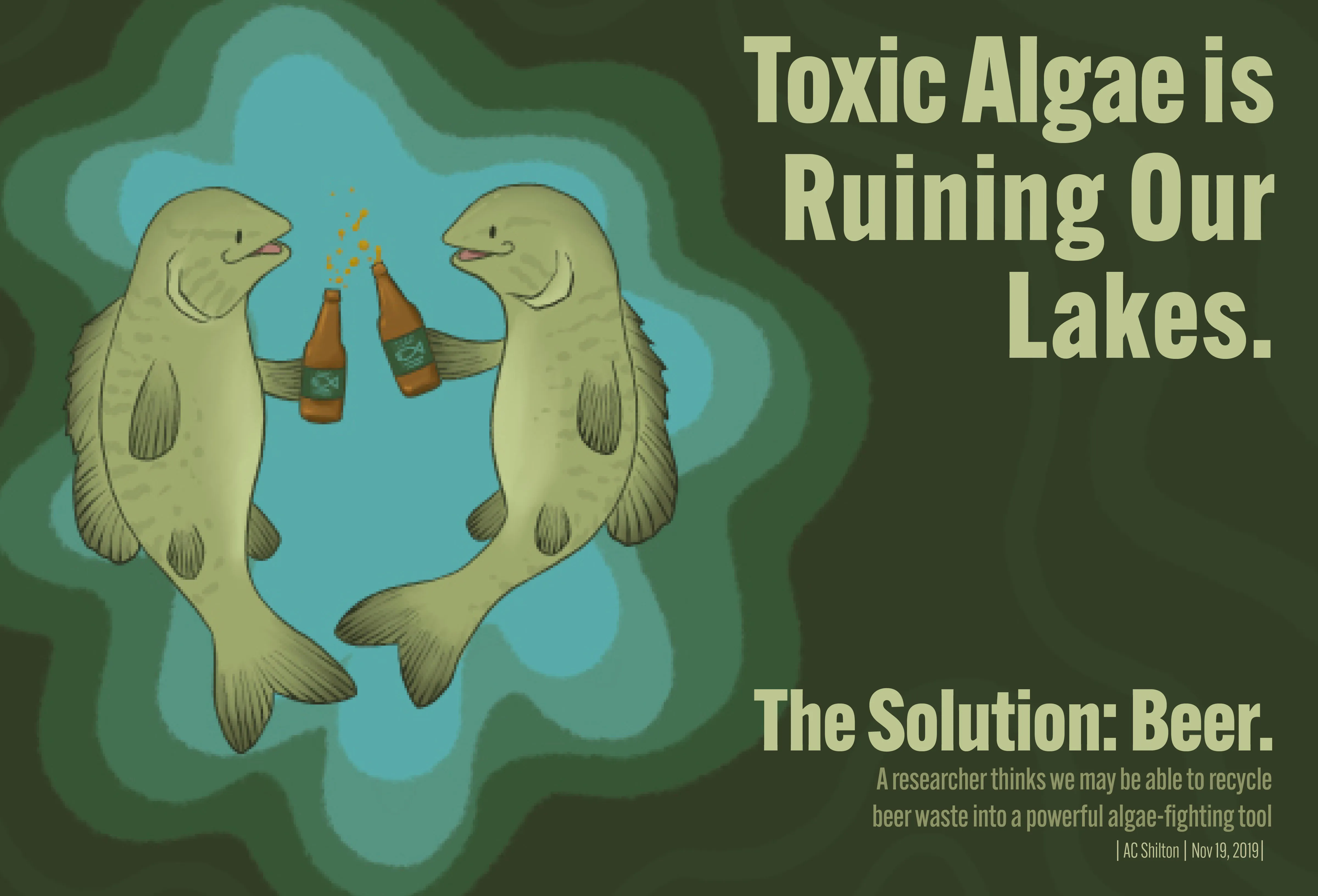 Illustration of two fish clinking beer bottles with text about toxic algae ruining lakes and beer as a solution.