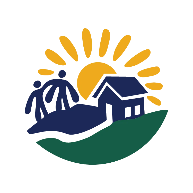 Illustration of two people walking on a hill with a house and a rising sun in the background.