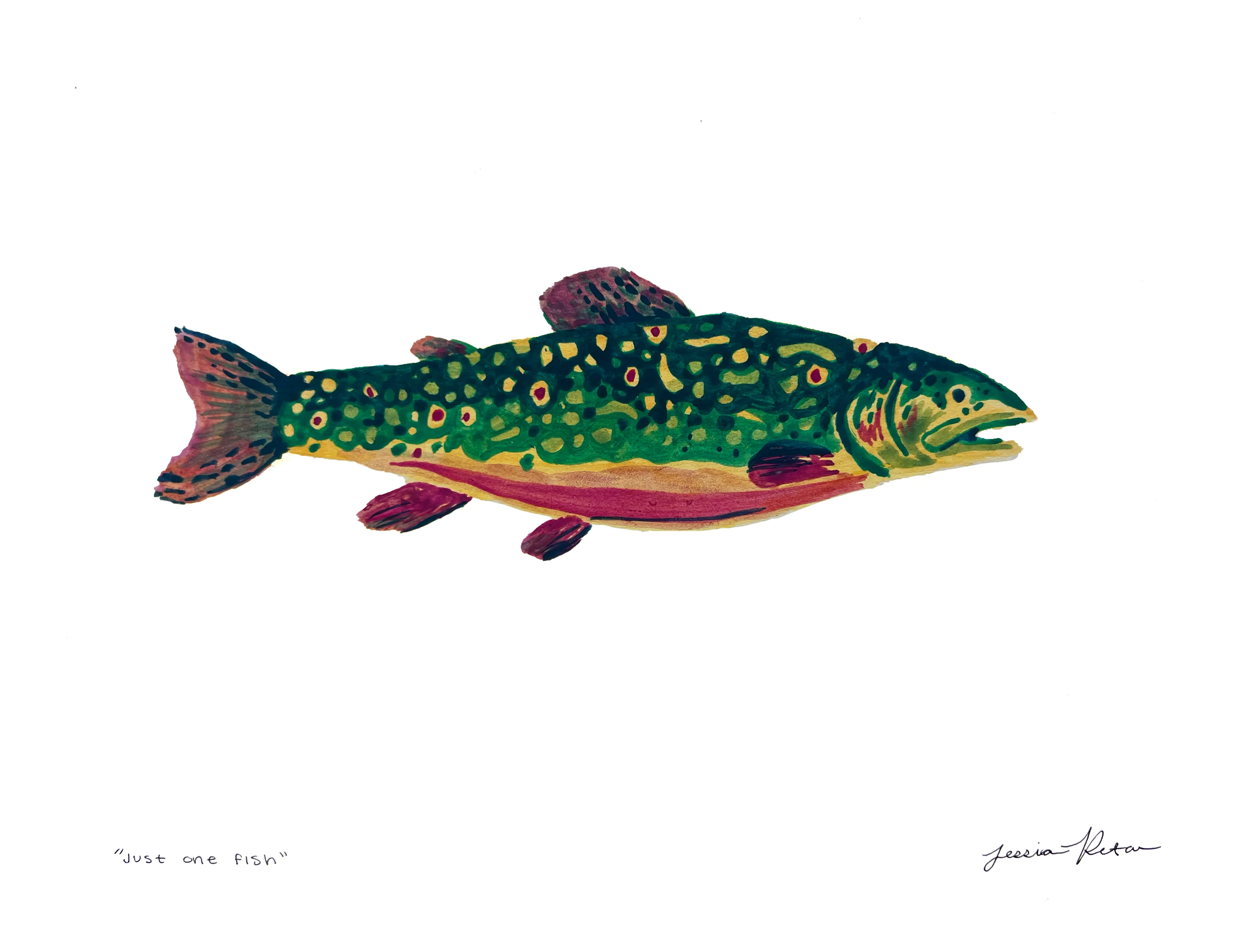 Illustration of a colorful fish with green, yellow, and red patterns on a white background.