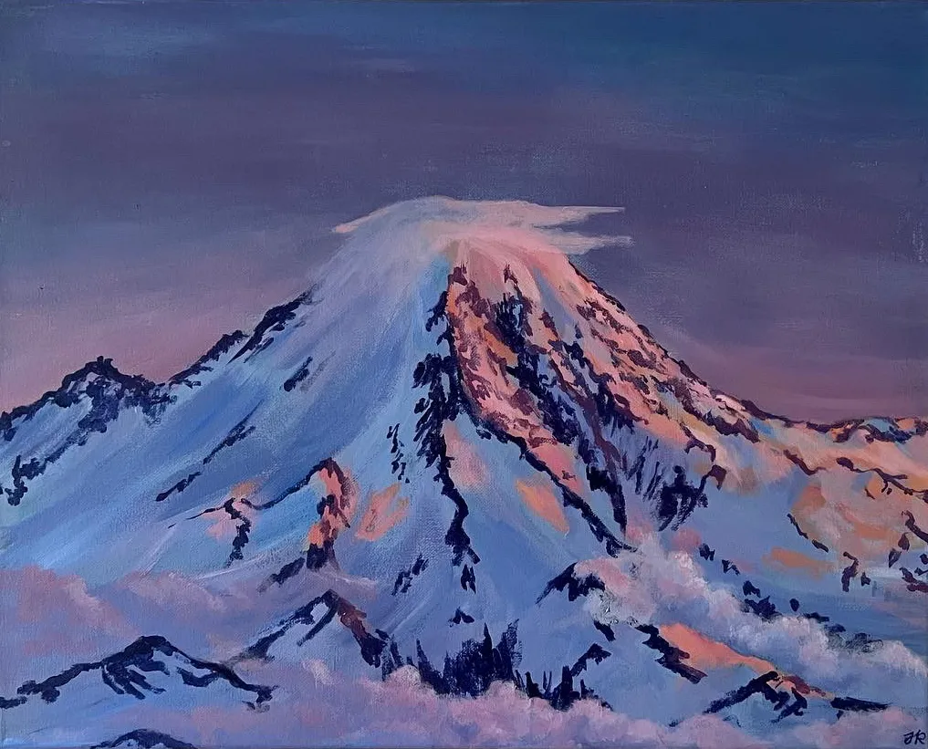 Painting of a snow-covered mountain peak with pink and purple hues in the sky at dawn or dusk.
