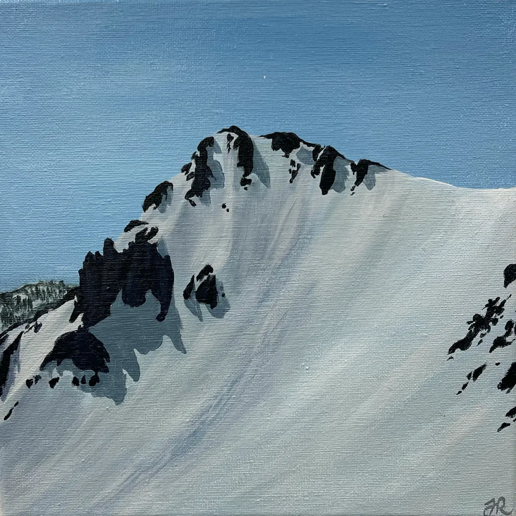 Painting of a snow-covered mountain with dark rocky patches under a clear blue sky.