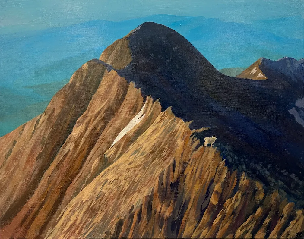 Painting of a mountain ridge cast in shadow with a goat standing on the sunlit rocky slope under a blue sky.