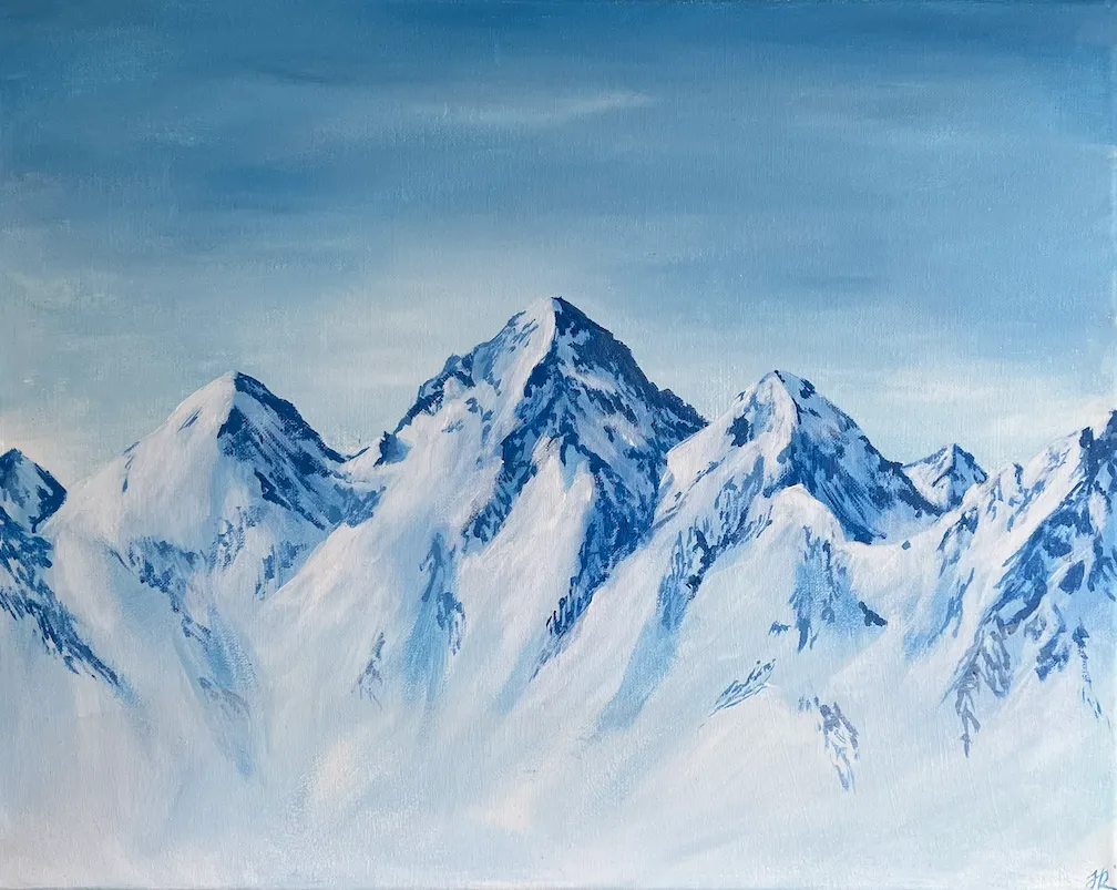 Painting of a snow-covered mountain range under a clear blue sky.