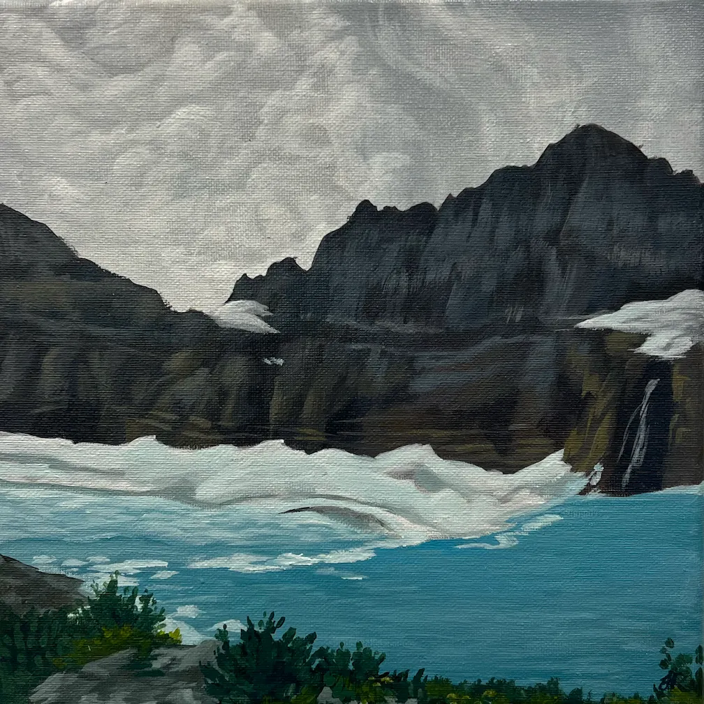Painting of a mountainous landscape with a waterfall flowing into a blue lake surrounded by snow and green foliage.
