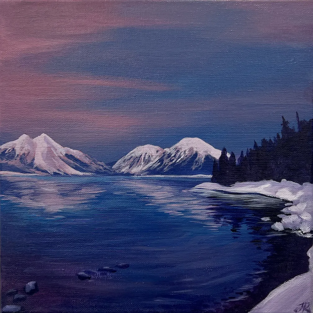 Painting of a calm lake reflecting snow-covered mountains with a purple sky and a forested shoreline with snow.