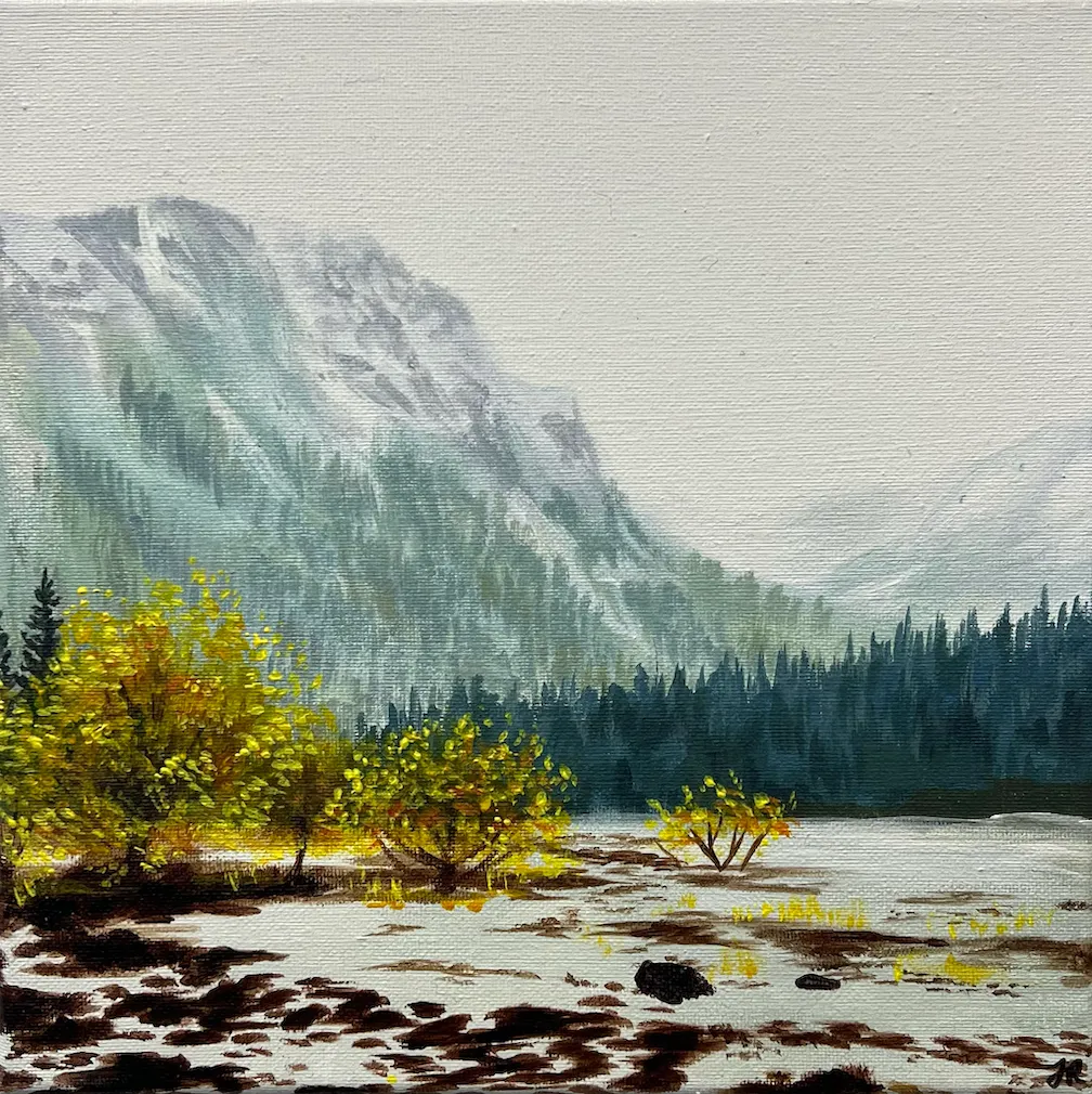 Painting of a snow-covered landscape with yellow-leaved bushes in the foreground, dense evergreen forest, and misty mountains in the background.