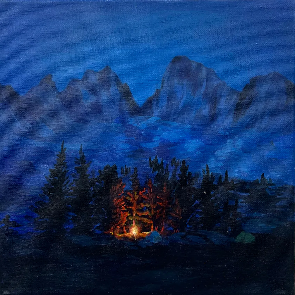 Painting of a nighttime forest scene with pine trees illuminated by a glowing campfire, set against a backdrop of dark blue mountains.