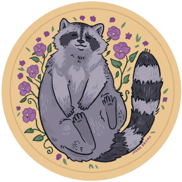 Illustration of a smiling raccoon sitting with flowers and leaves around it on a circular beige background.