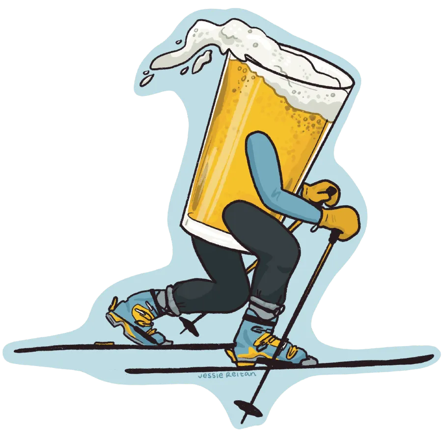 Illustration of a person skiing with a large glass of beer as their upper body, foam spilling from the top.