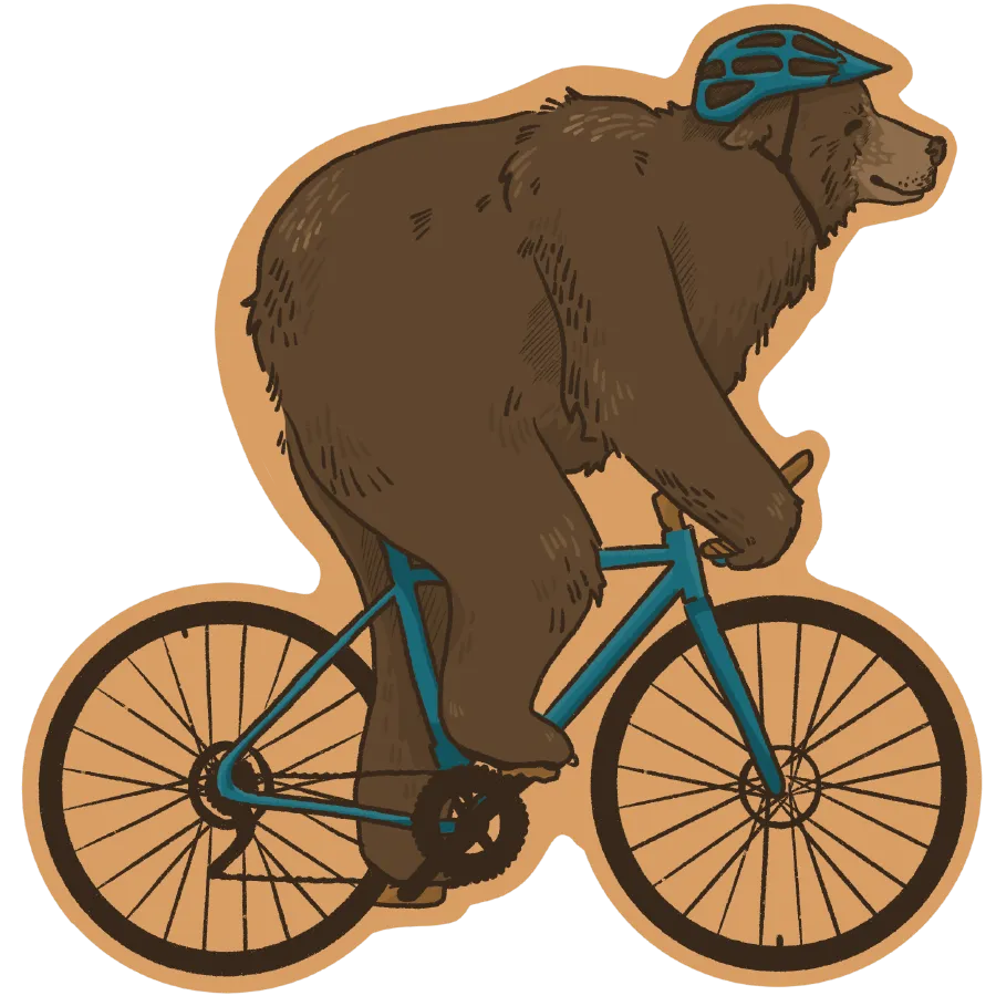 Illustration of a brown bear wearing a blue helmet riding a blue bicycle.