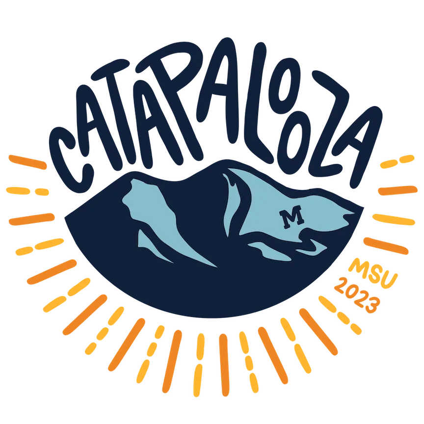 Logo with stylized mountain and the word 'Catapalooza' above it, surrounded by orange rays and the text 'MSU 2023' to the right.