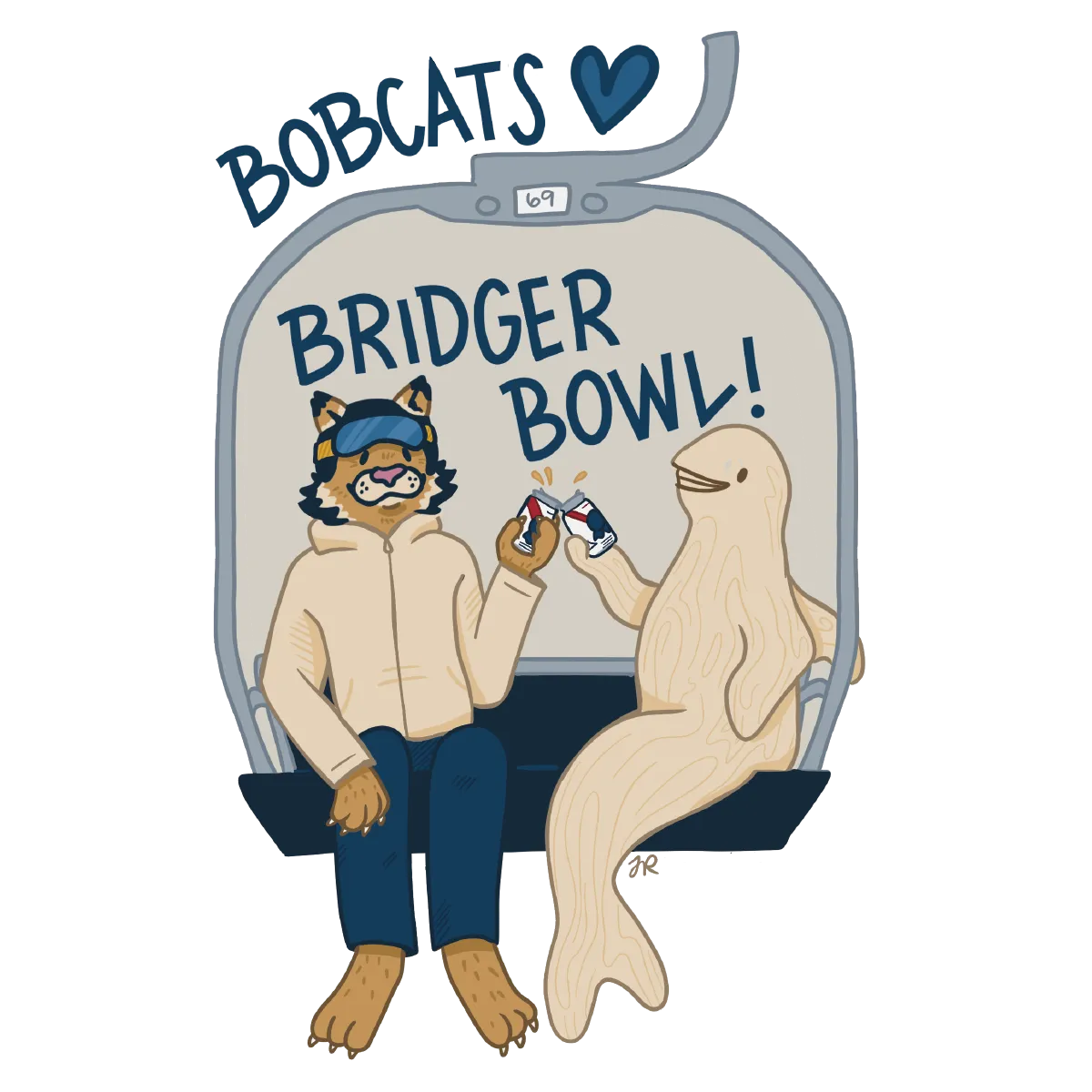 Illustration of a bobcat wearing ski goggles and jacket clinking drinks with a wood-textured creature inside a ski lift chair, with text 'BOBCATS ♥ BRIDGER BOWL!'