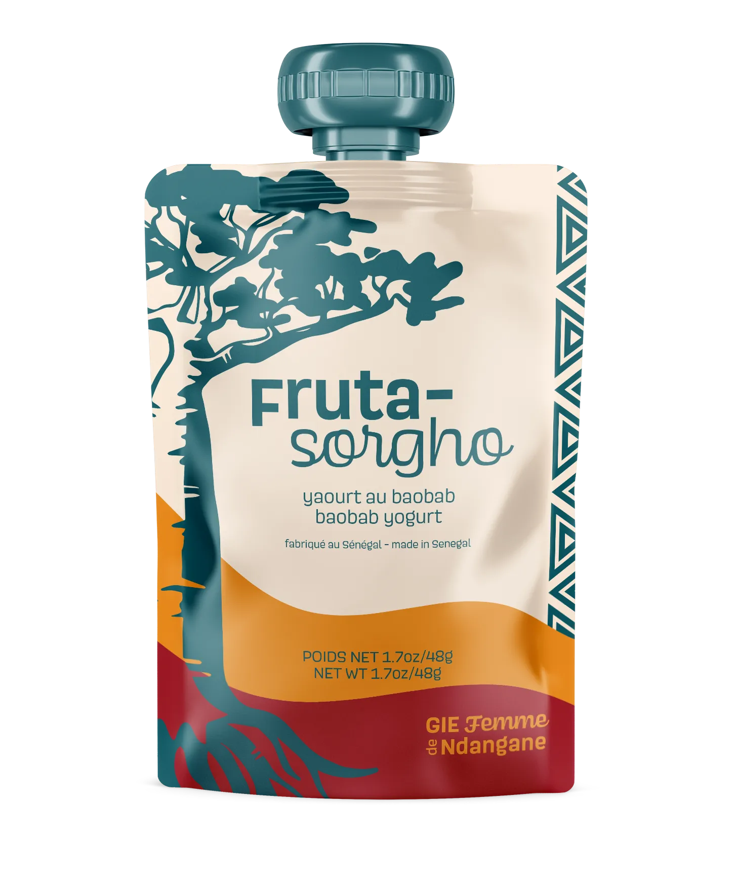 Fruta-sorgho baobab yogurt pouch with tree and root design, labeled made in Senegal, 48g.