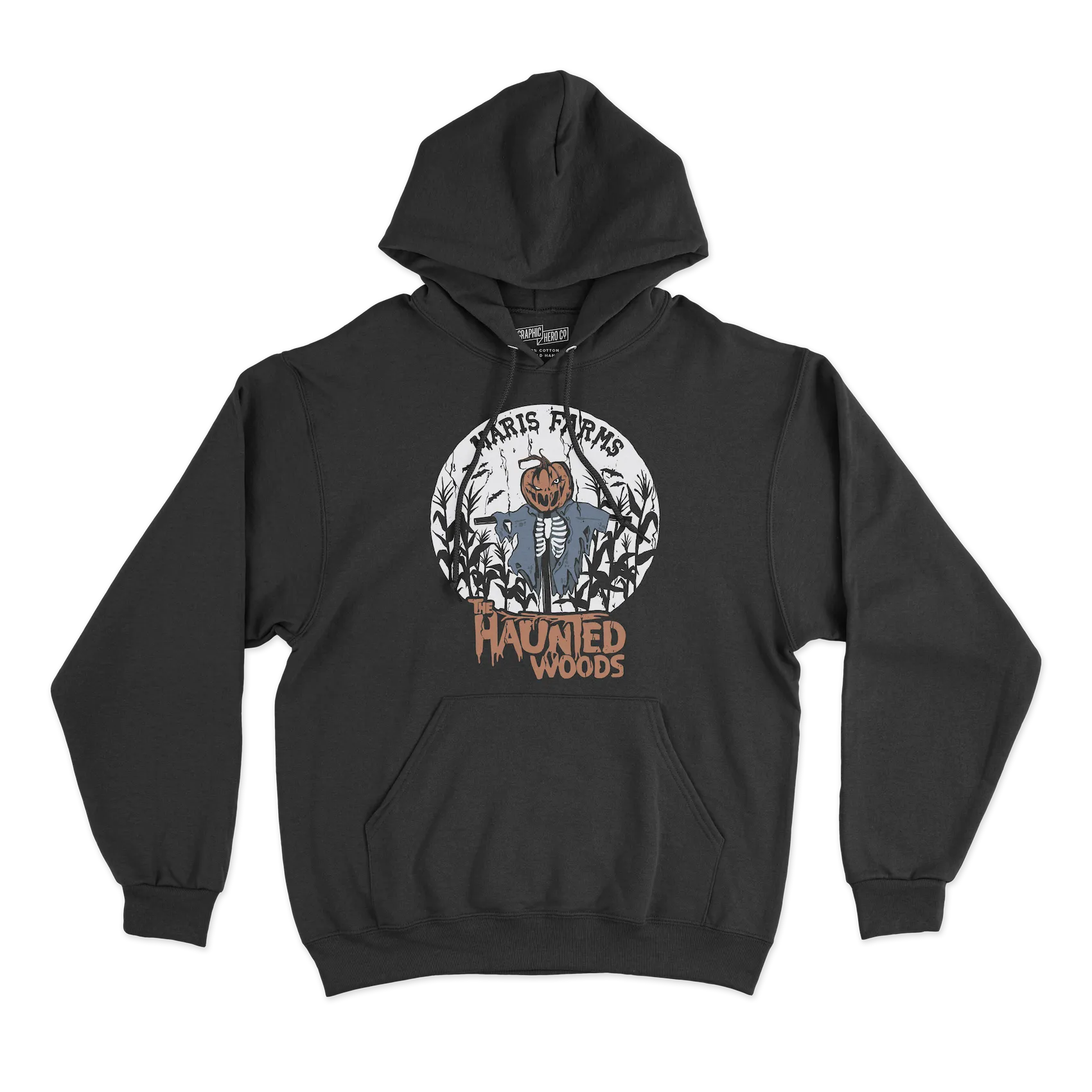 Black hoodie featuring a scarecrow with a pumpkin head and skeleton torso in a cornfield, with text 'Maris Farms' and 'The Haunted Woods'.