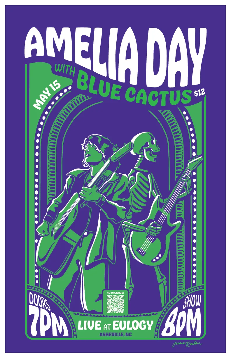 Concert poster with illustration of a musician and a skeleton playing guitars, advertising Amelia Day with Blue Cactus on May 15 in Asheville, NC; doors open at 7 PM, show at 8 PM, $12 ticket price.
