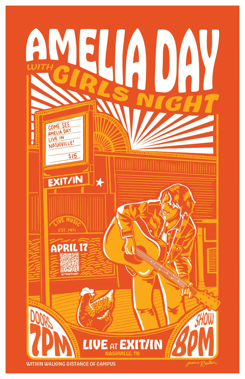 Orange-and-white concert poster featuring Amelia Day playing guitar with text promoting April 17 live show at Exit/In Nashville, doors 7 PM, show 8 PM.