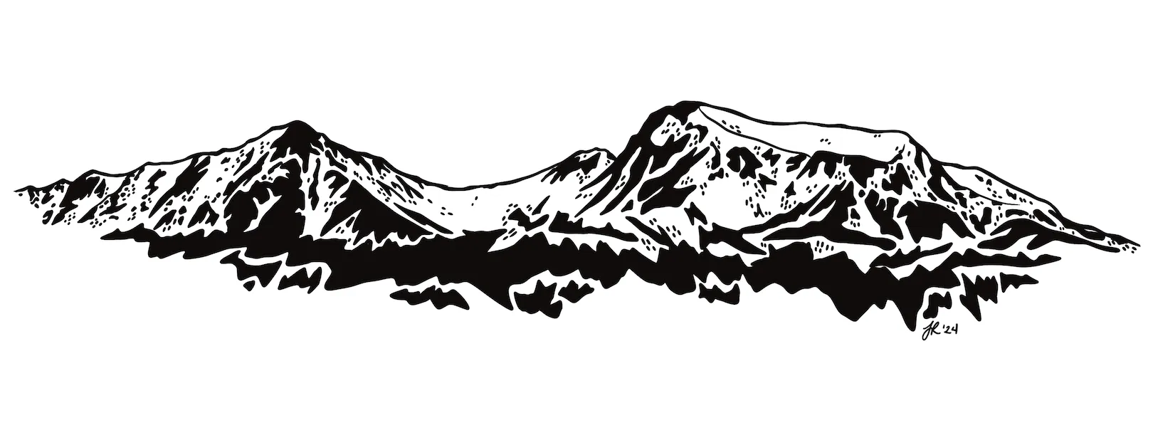 Black and white illustration of rugged mountain peaks with detailed shading and textures.
