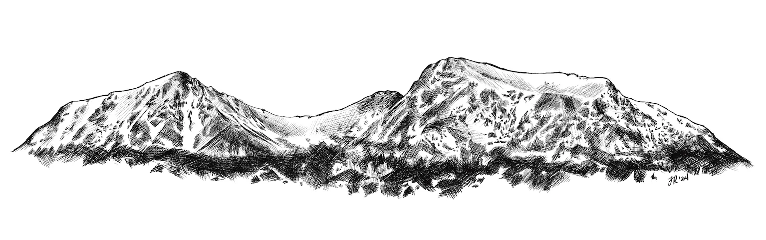 Black and white sketch of a mountain range with textured shading and rocky peaks.