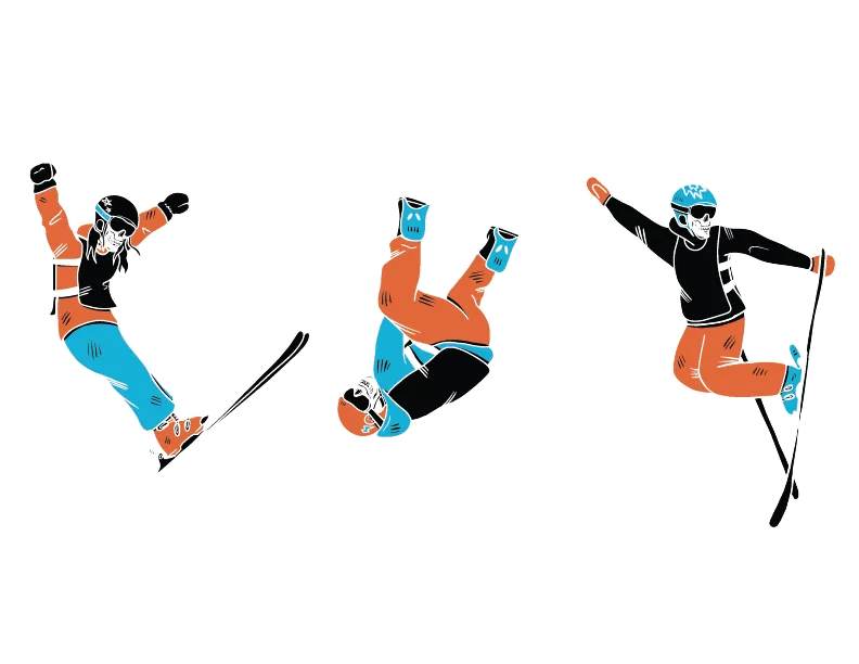 Three stylized skiers in colorful gear performing freestyle skiing tricks against a white background.
