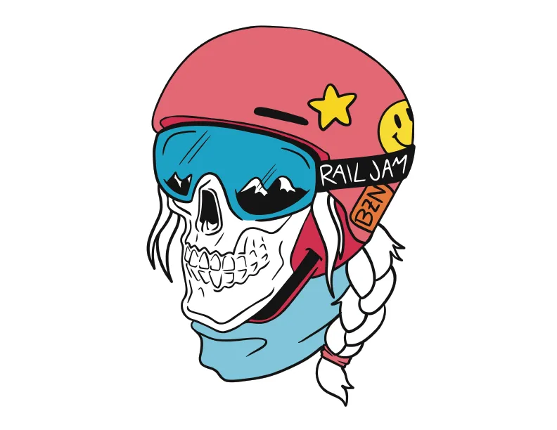 Illustration of a skull wearing a red helmet with a yellow star and smiley face stickers, blue ski goggles reflecting mountain peaks, a blue scarf, and a white braided ponytail.