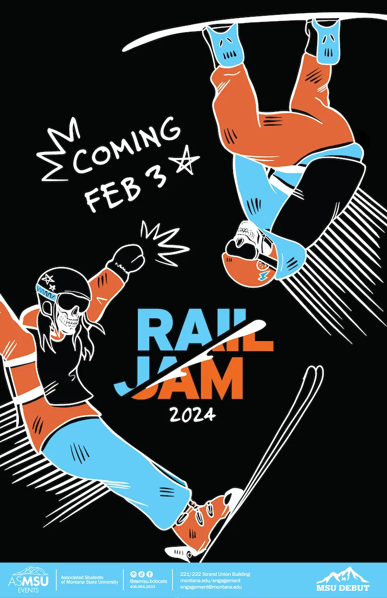 Illustration of two skeleton skiers in orange and blue gear performing tricks on a black background with text announcing Rail Jam 2024 coming February 3.