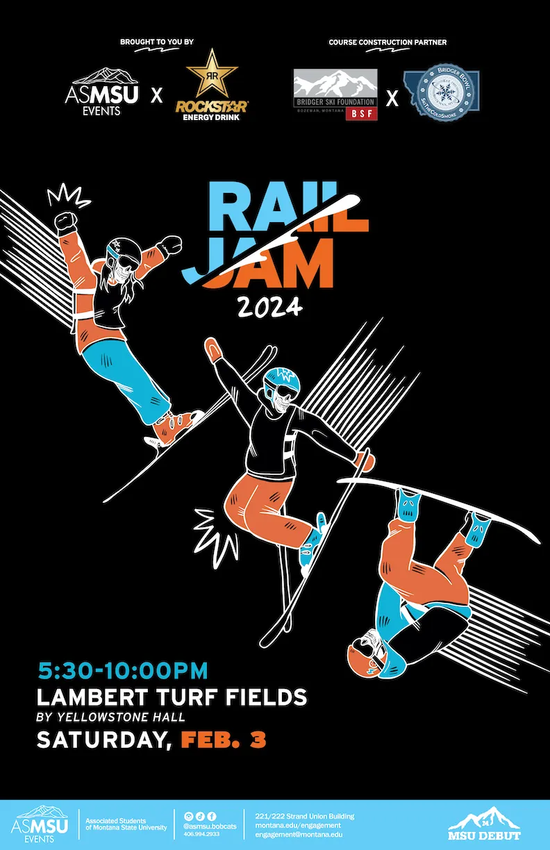 Colorful poster for Rail Jam 2024 featuring illustrated snowboarders and skiers performing tricks, event details for February 3 at Lambert Turf Fields, sponsored by ASMSU Events, Rockstar Energy Drink, Bridger Ski Foundation, and Bridger Bowl.