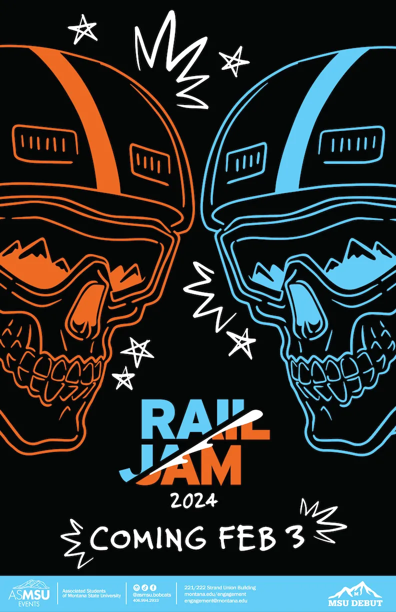 Illustration of two skulls wearing motocross helmets facing each other, one outlined in orange and the other in blue, with the text 'Rail Jam 2024 Coming Feb 3' below them on a black background.