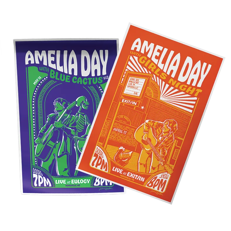 Two colorful posters featuring Amelia Day; one for a May 15 show with Blue Cactus at Eulogy in Asheville, NC, the other for a Girls Night event on April 17 at Exit/In in Nashville, TN, both with 7 PM doors and 8 PM shows.
