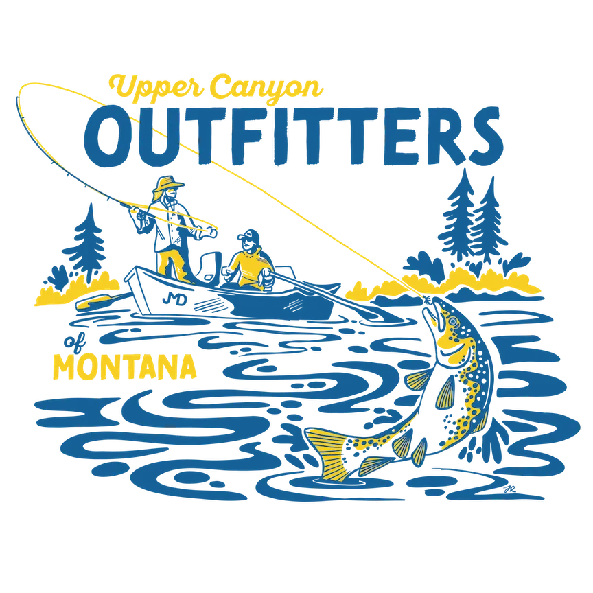 Illustration of two people fishing from a boat with a large hooked fish jumping from the water, captioned 'Upper Canyon Outfitters of Montana'.
