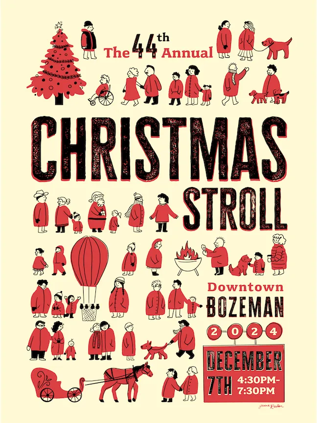 Illustrated poster for the 44th Annual Christmas Stroll in Downtown Bozeman, December 7th, 2024, 4:30 PM to 7:30 PM, featuring red and black drawings of people, pets, a Christmas tree, hot air balloon, fire pit, and horse-drawn carriage.